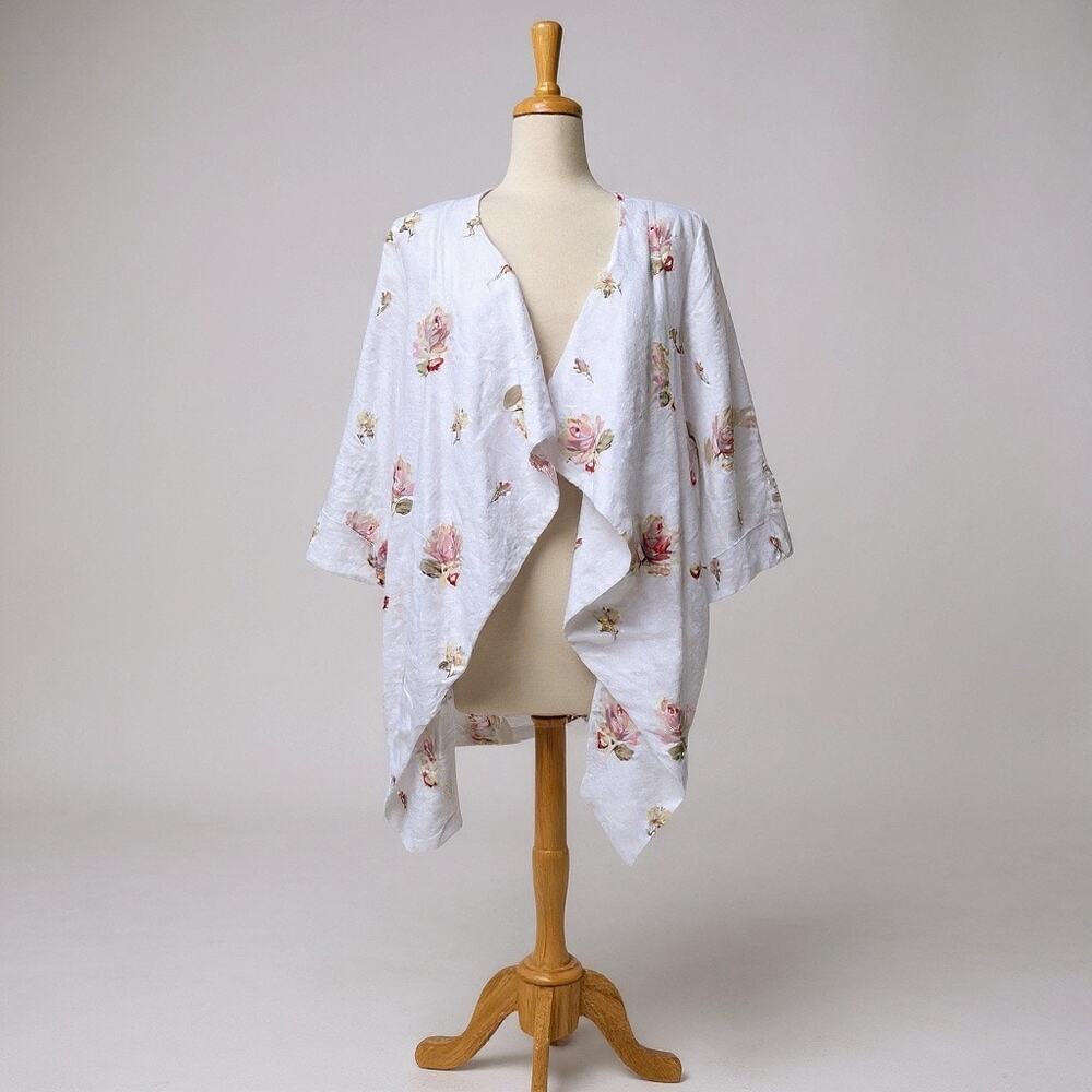 For Cynthia Floral Linen Cardigan M White Pink Rose NWT Draped Open Front